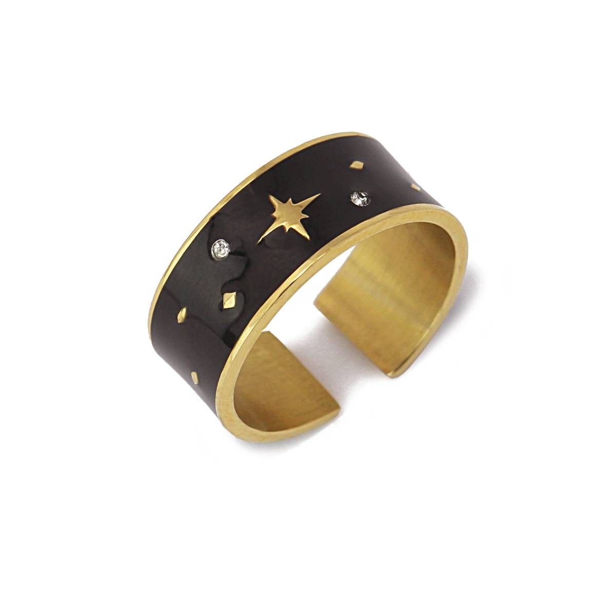 anillo ajustable acero esmalte negro estrellas oro