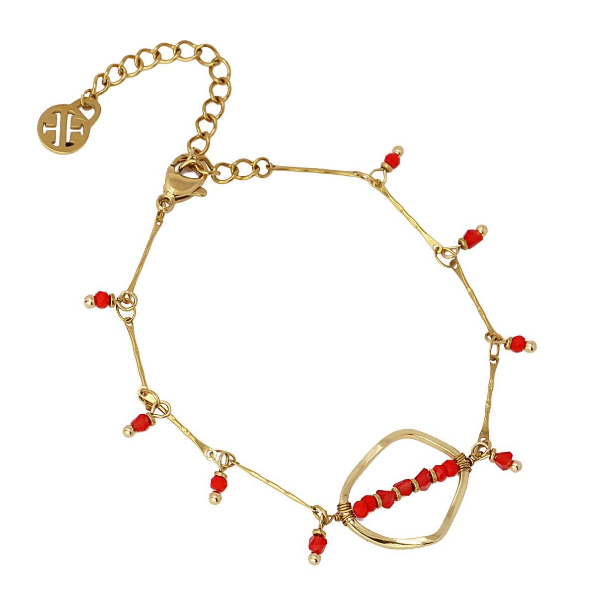 pulsera acero dorada abalorios cristal rojo