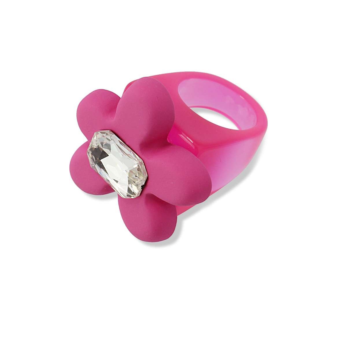 maxi anillo plastico reciclado flor piedra brillante  rosa