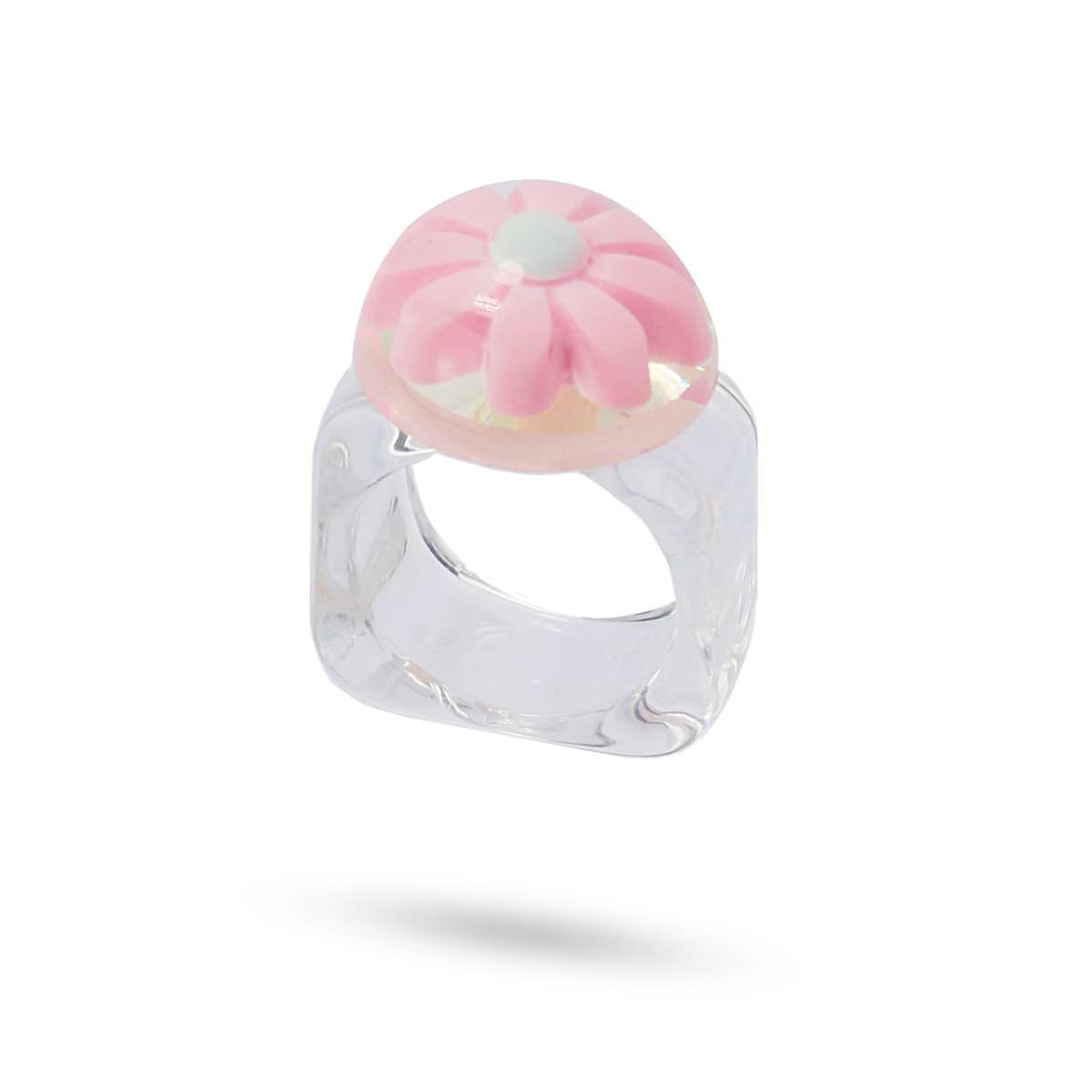 maxi anillo plastico transparente reciclado semiesfera flor margarita anartxy  rosa