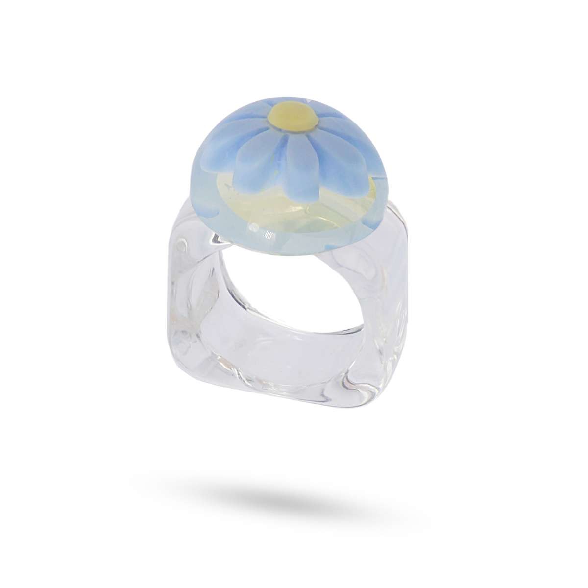 maxi anillo plastico transparente reciclado semiesfera flor margarita anartxy  azul