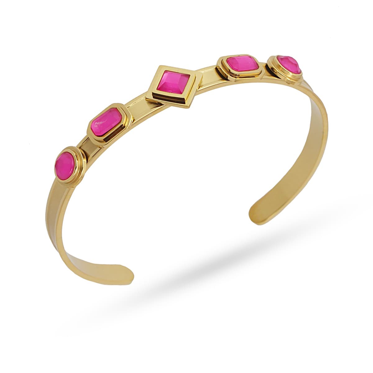 Pulsera Brazalete rígido dorado acero quirúrgico plástico reciclado piedra coloreada rosa 2