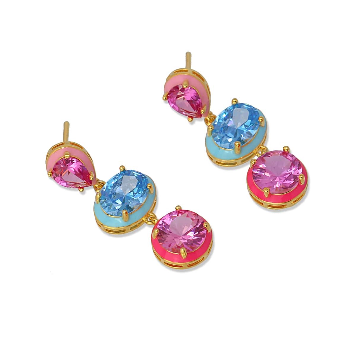 pendientes largos tres piezas acero esmaltado circonitas rosa azul