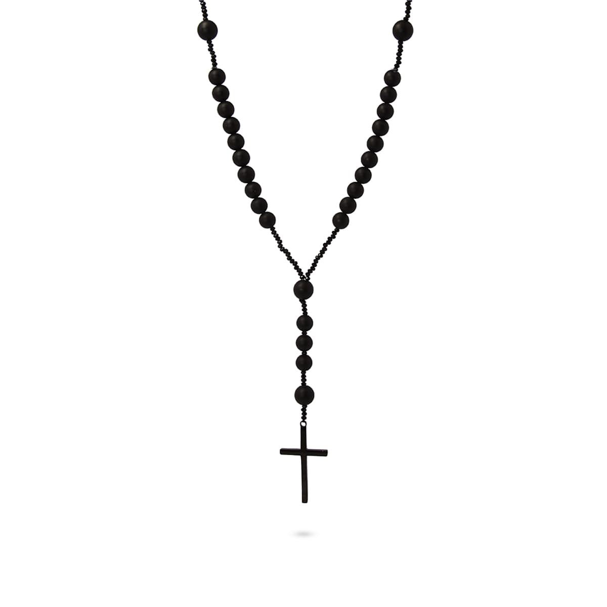collar largo hombre rosario piedra natural cruz anartxy  negro